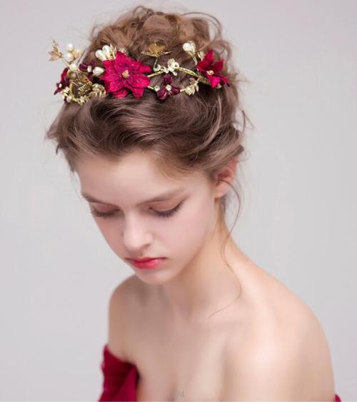F-0396 Fashion Red Flower Gold Hairbands Wedding Tiara Pearl Headbands Bridal Hair Jewelry Accessories