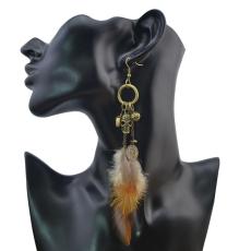 E-4044 3 Styles Women Brown Feather Drop Earring Skull Leaf Beads Long Dangle Earrings Bohemian Jewelry