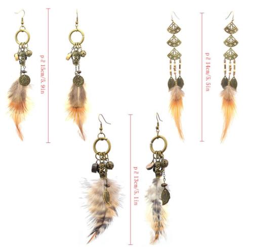 E-4044 3 Styles Women Brown Feather Drop Earring Skull Leaf Beads Long Dangle Earrings Bohemian Jewelry