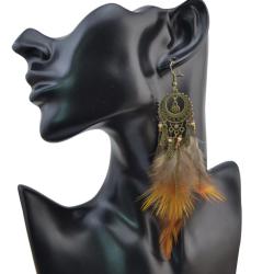 E-4056 Bohemian Jewelry Brown Feather Beads Tassels Long Drop Dangle Earrings For Women