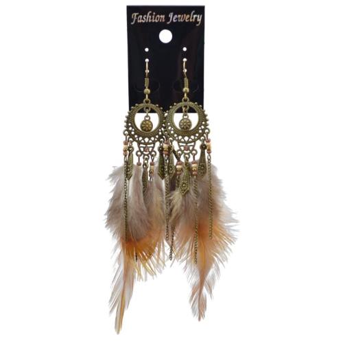 E-4056 Bohemian Jewelry  Brown Feather Beads Tassels Long Drop Dangle Earrings For Women