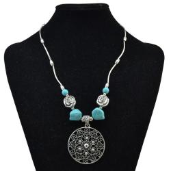 N-6738 Bohemian Antique Silver Flower Shape Pendant Necklace Fashion Turquoise Beads Necklaces Party Jewelry