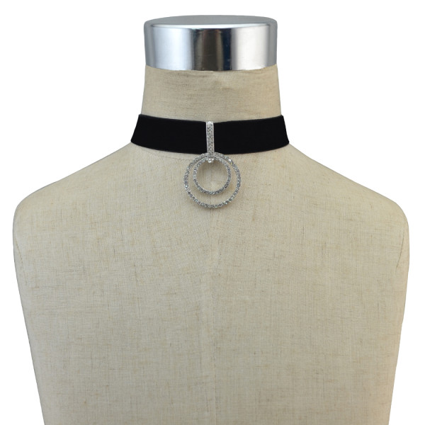 N-6762 Fashion Gothic Black Leather Silver Plated Round Pendant Choker Necklace for Women Jewelry