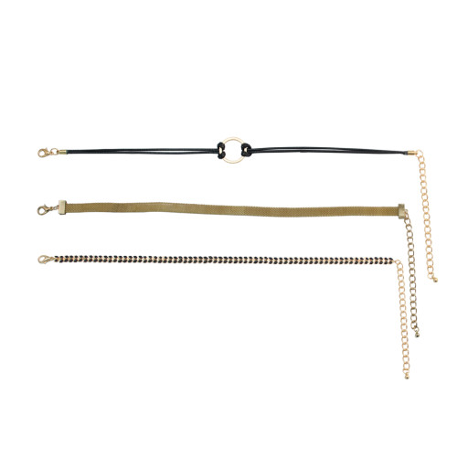 N-6763 3Pcs/Set Punk Style Black Leather  Gold Color Alloy  Chains Round shape Choker Short Necklace  Women Jewelry
