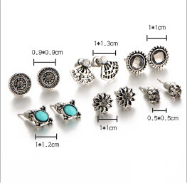 E-4079 6 Pairs /Set Cute Elephant Flower Sector Shape Stud Earrings For Women Crystal Resin Beads Earrings Sets Wholesale