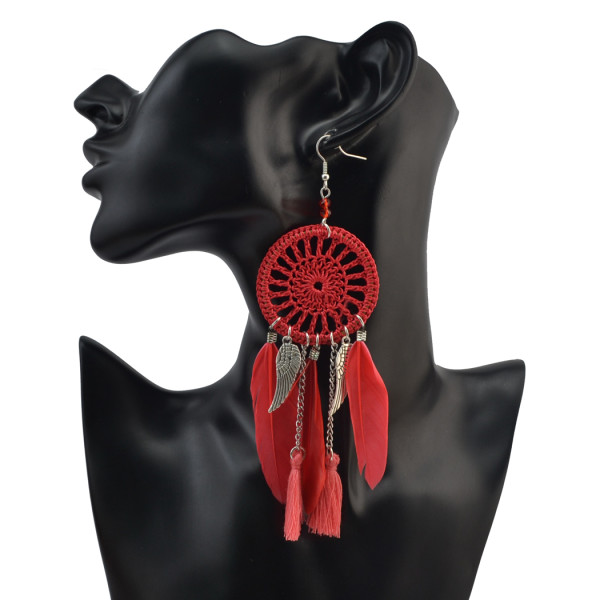 E-4082 New Arriva Bohemian  Feather Beads Tassels Long Drop Dangle Earrings For Women