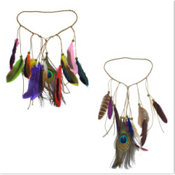 F-0404 Handmade Ethnic Tribal Gypsy Turkish 2 Colors Rope Wood Beads Feather Hairband Hair Clip Hair Jewelry For Women & Girls Jewelry