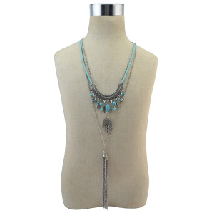 N-6786 Bohemian Retro Silver plated Turquoise Tassel Chain Leather Necklace for Women Jewelry