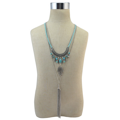 N-6786 Bohemian Retro Silver plated Turquoise Tassel Chain Leather Necklace for Women Jewelry
