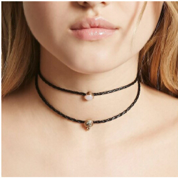 N-6804 New Fashion Black leather Chain Gold Plated Alloy Pearl Choker Necklace Collar Clavicle Chain
