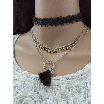 N-6809 3Pcs /Set Black Pink Thread Tassel Pendant Necklaces For Women Boho Fashion Lace Choker Necklace Jewelry