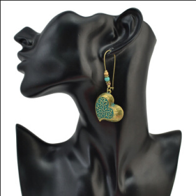 E-4099 Fashion Vintage 2 Style Bronze Turquoise Beads Heart Leaves Drop Dangle pendant Women Charm Earring