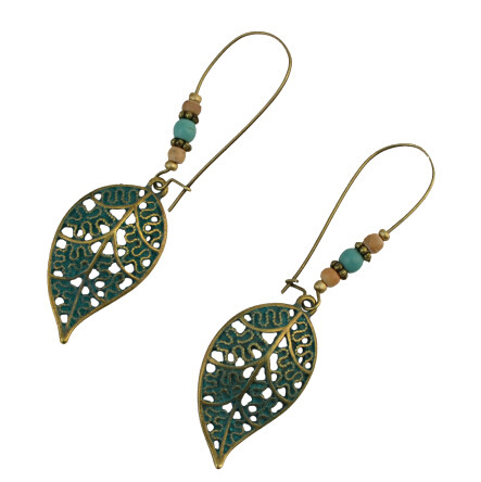 E-4099 Fashion Vintage 2 Style Bronze Turquoise Beads Heart Leaves Drop Dangle pendant Women Charm Earring