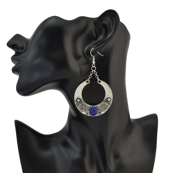 E-4107 4Color Antique Silver Plated Big Circle Round Gemstones Dangle Drop Earrings For Women