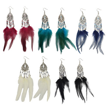 E-4112 5 Colors Boho Silver Plated Resin Beads Drop Earring Women Long Feather Dangle Earrings Party Jewelry