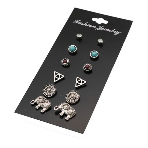 E-4118 6 Pairs /Set Wholesale Boho Heart Elephant Square Shape Stud Earrings For Women Crystal Resin Stone Earrings Sets