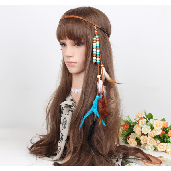F-0407 Handmade Ethnic Tribal Gypsy Rope Wood Beads Feather Hairband Hair Clip For Women Jewelry