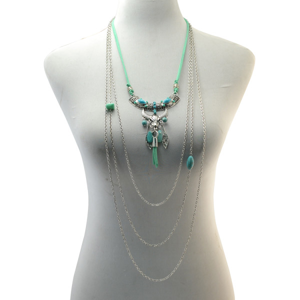 N-6826 Fashion Bohemia Long Multiple layers Turquoise Tassel Charm Necklace for Women