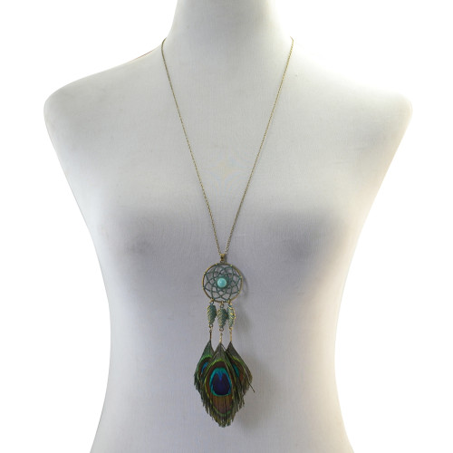 N-6831 Bohemian Retro Bronze Chain Feather Beads Tassel Long Necklace Women Jewelry