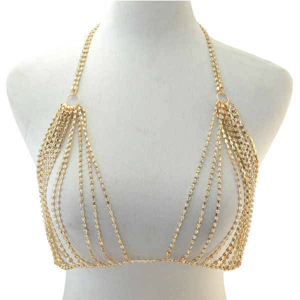 N-6840 Fashion Bohemian Gold plated Crysatl Body Chain Sexy Bra for Women Jewelry