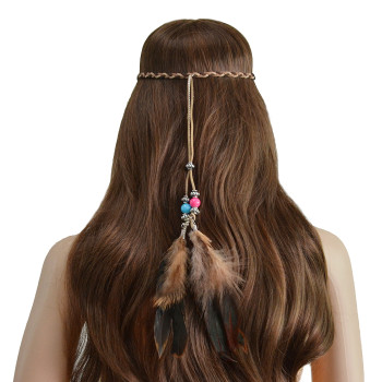 F-0414 2 Colour Handmade Ethnic Gypsy Rope  Feather Hairbands Women Boho  Hairband Hair Accessory