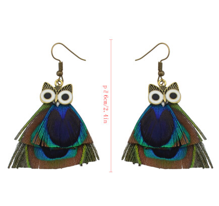 E-4115 New Fashion Owl Feather Drop Earrings Bronze Plated Tassel Party Earring Women Jeelry Gift