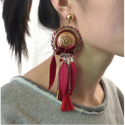 E-4122 3 color Bohemian Feather Crystal Beads Big Hooks Drop Earring With Tassel Punk Style