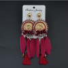 E-4122 3 color Bohemian Feather Crystal Beads Big Hooks Drop Earring With Tassel Punk Style