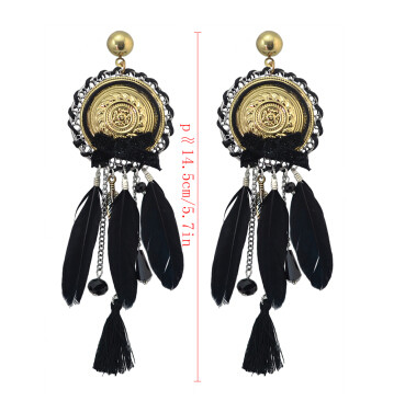 E-4122 3 color Bohemian Feather Crystal Beads Big Hooks Drop Earring With Tassel Punk Style