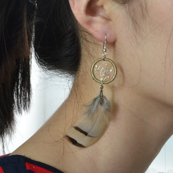 E-4121 Vintage Antique Silve Plated  Fashion Long Tassel Feather  Drop Dangle Hook  Charm Colorful Bead Earrings For Women Jewelry