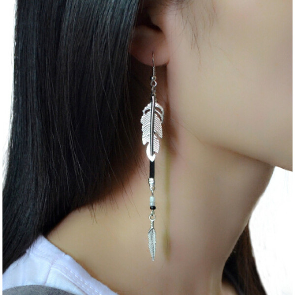 E-4141 New Fashion Silver Color Leather Feather Dangle Drop Earrings Party Jewelry