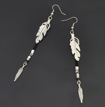 E-4141 New Fashion Silver Color Leather Feather Dangle Drop Earrings Party Jewelry