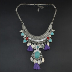 N-6859 3 Colors New Arrive Bohemian Silver Chain Carved Leaves Tassel Tassel Diamante Pendant Necklace for Women Jewellery