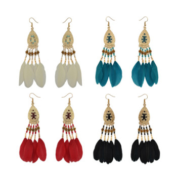 E-4144 4 Colors Feather Drop Earrings for Women Bohemian Gold Color Alloy Long Earring Ethnic Jewelry