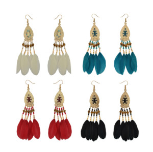 E-4144 4 Colors Feather Drop Earrings for Women Bohemian Gold Color Alloy Long Earring Ethnic Jewelry