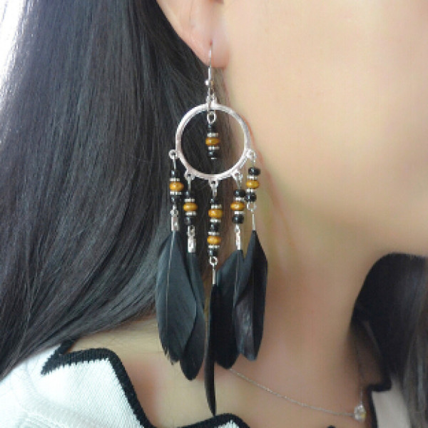E-4151 4 Style Fashion Silver Alloy Beads Chain Feather Drop Dangle Pendant Charm Earring