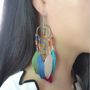 E-4151 4 Style Fashion Silver Alloy Beads Chain Feather Drop Dangle Pendant Charm Earring