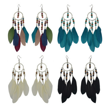 E-4151 4 Style Fashion Silver Alloy Beads Chain Feather Drop Dangle Pendant Charm Earring