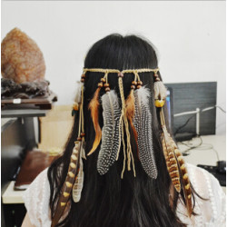 F-0431 * Handmade Leather Rope Brown Feather Headbands Wood Beads Boho Hair Accessories Fashion Jewelry