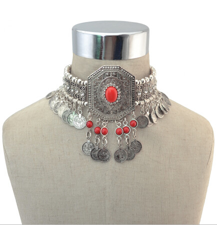 N-6880 4Colors New Fashion Red Green Black Clear Stone Silver Plated Choker Necklace with Coin Tassel Fashion Jewelry