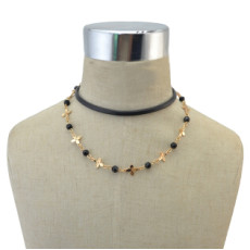 N-6877 Bohe Style Gold Alloy Leather Chain Black Diamante Beads Choker Necklace for Women Charm Jewelry