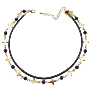 N-6877 Bohe Style Gold Alloy Leather Chain Black Diamante Beads Choker Necklace for Women Charm Jewelry