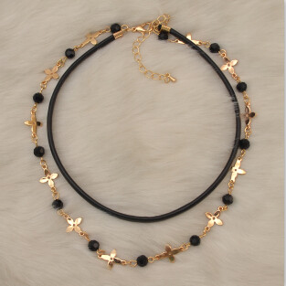 N-6877 Bohe Style Gold Alloy Leather Chain Black Diamante Beads Choker Necklace for Women Charm Jewelry