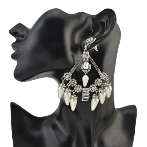 E-4183 Fashion Luxury Crystal Rhinestone Pearl Tassel Charm Drop Stud Earring for Women Jewelry