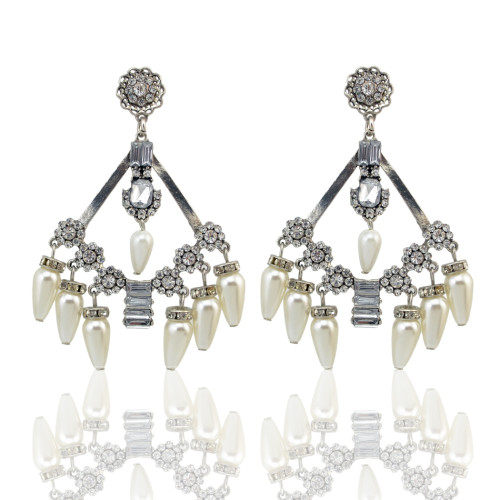 E-4183 Fashion Luxury Crystal Rhinestone Pearl Tassel Charm Drop Stud Earring for Women Jewelry