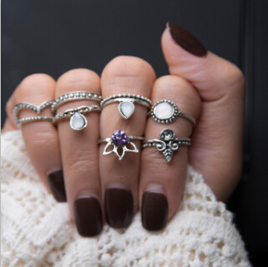 R-1458 8Pcs/Set Vintage Antique Gold Silver Crown Shape Rhinestone Knuckle Midi Finger Rings Set for Women Party Jewelry