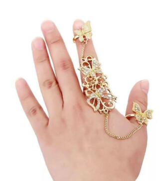 R-1459 Butterfly Chain Rings for Women Bohemian Gold Silver Metal Midi Knuckle Finger Ring Party Jewelry