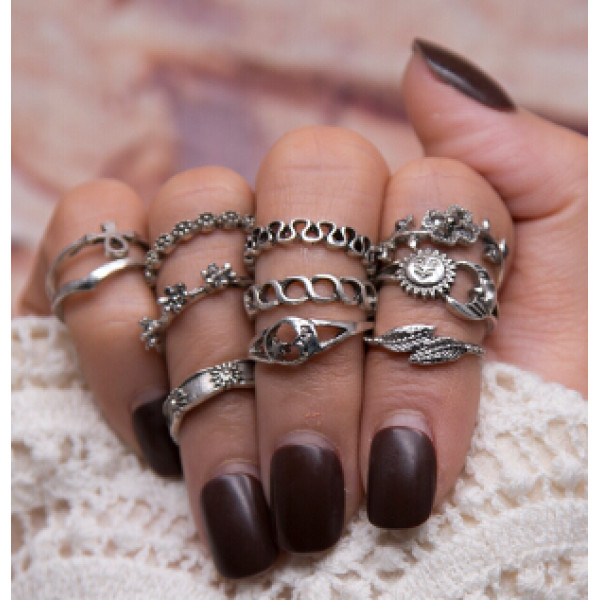 R-1463 11pcs/set Fashion Vintage Silver plated Knuckle Nail Turquoise Midi Ring Set Jewelry for Women