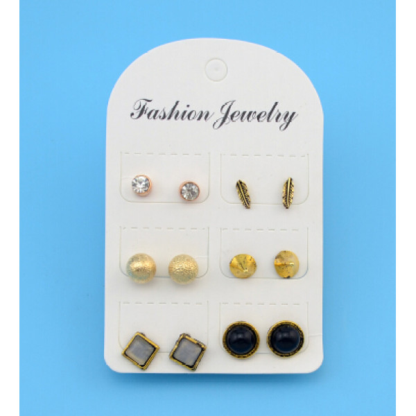 E-4190 6 Pairs /Set Bohemian Silver Gold Metal Color Rhinestone Stud Earrings for Women Party Jewelry Wholesale