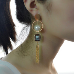 E-4192 Fashion Rhinestone Pearl Tassel Charm Drop Stud Earring for Women Jewelry